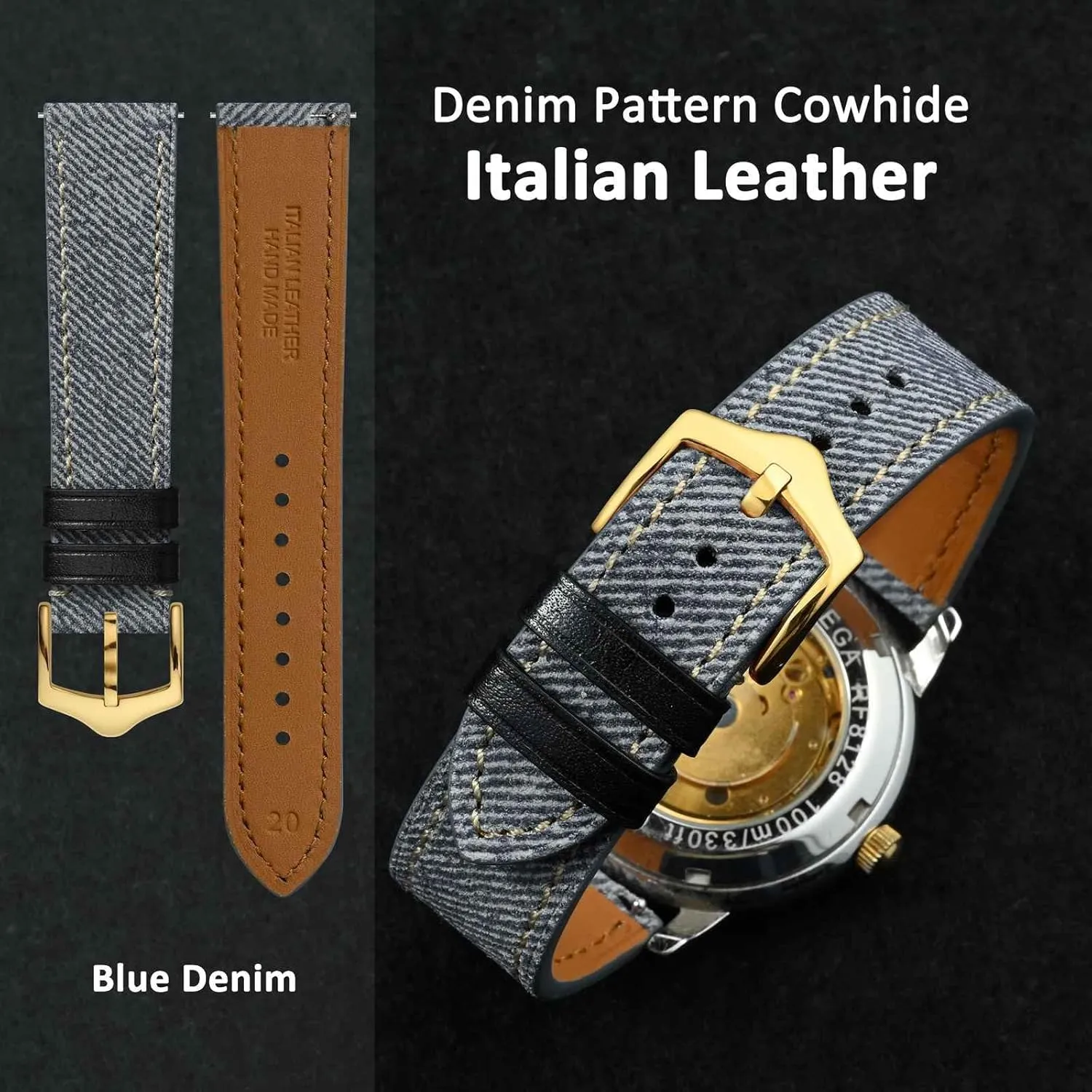 Leather, Taper Stainless Steel Buckle, Strap Width 18mm 20mm 22mm premier WOCCI Denim Pattern Watch Band, Italian 