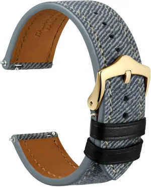 Leather, Taper Stainless Steel Buckle, Strap Width 18mm 20mm 22mm premier WOCCI Denim Pattern Watch Band, Italian 