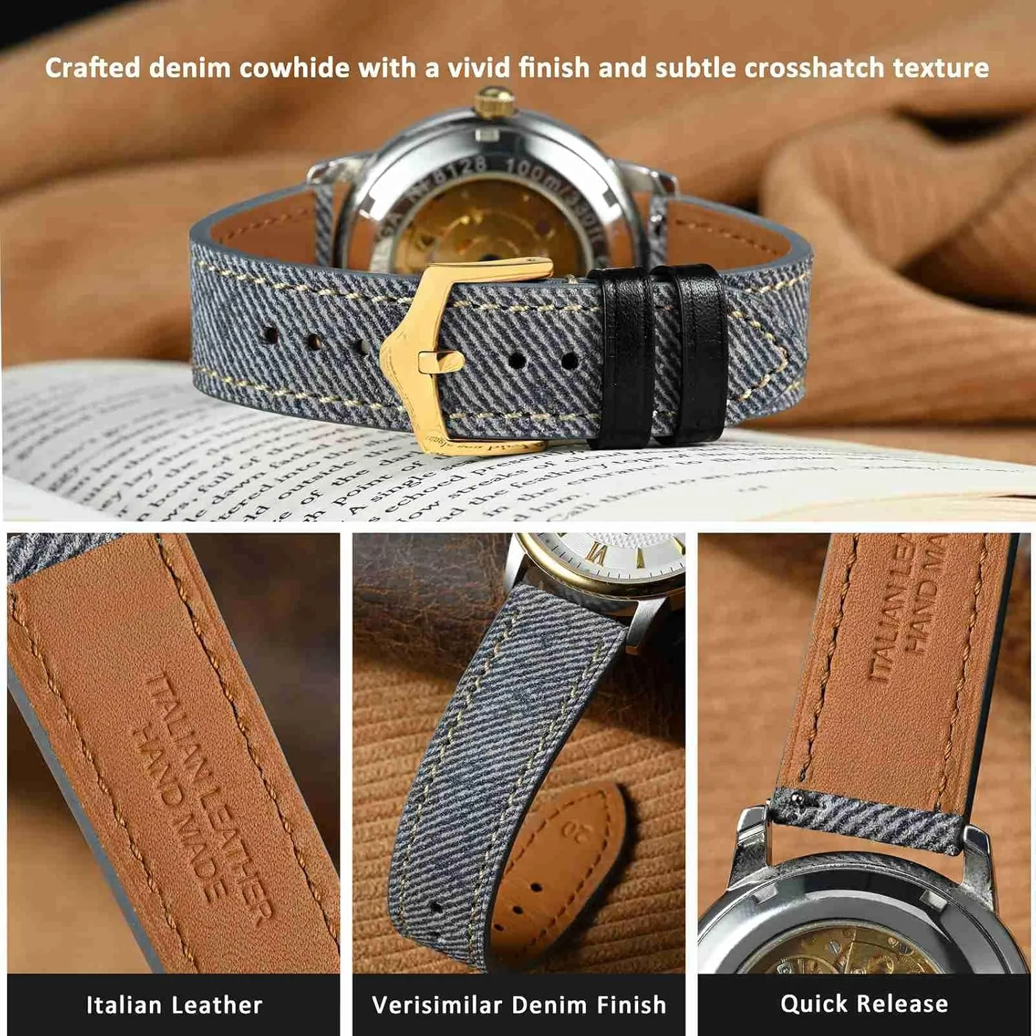 Leather, Taper Stainless Steel Buckle, Strap Width 18mm 20mm 22mm premier WOCCI Denim Pattern Watch Band, Italian 