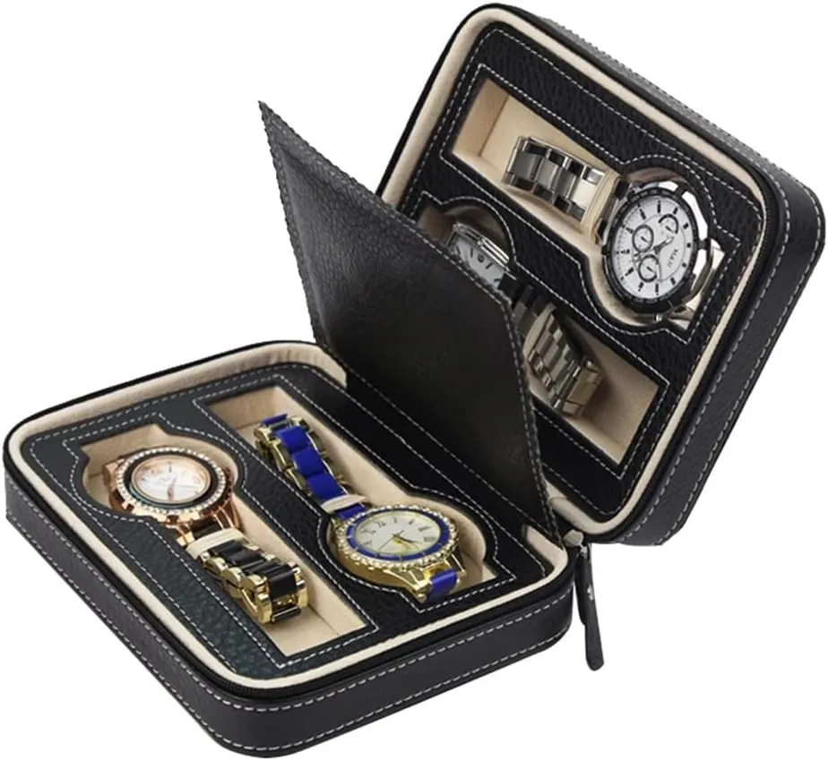 Leather Watch Travel Case Collector Storage Zipper Watches Box Brown/Black(D) argon flair predator companion convict 4 Slots Faux 