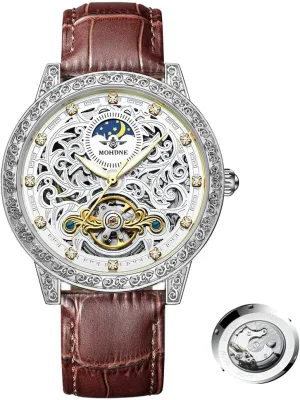 Leather Watches Classic Vintage Men Mechanical Watch Hollow Pattern Carved Watch 44.5mm Big Dial lend Tourbillon Automatic Watch for Men Waterproof 