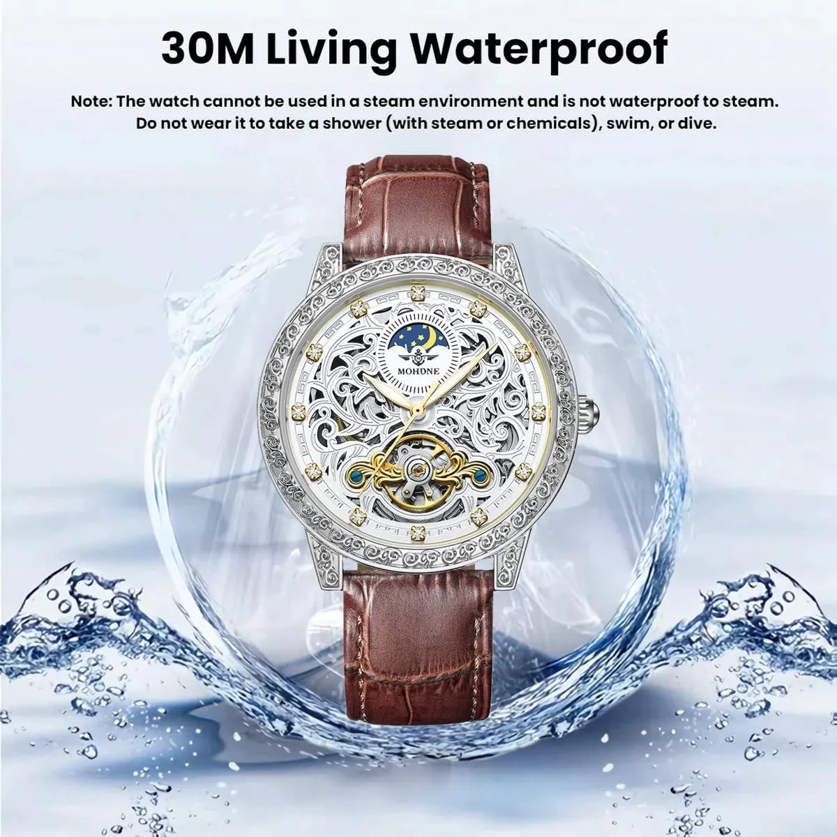Leather Watches Classic Vintage Men Mechanical Watch Hollow Pattern Carved Watch 44.5mm Big Dial lend Tourbillon Automatic Watch for Men Waterproof 