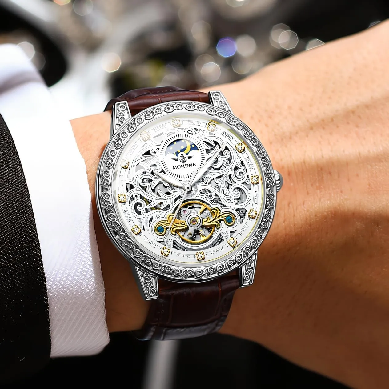 Leather Watches Classic Vintage Men Mechanical Watch Hollow Pattern Carved Watch 44.5mm Big Dial lend Tourbillon Automatic Watch for Men Waterproof 