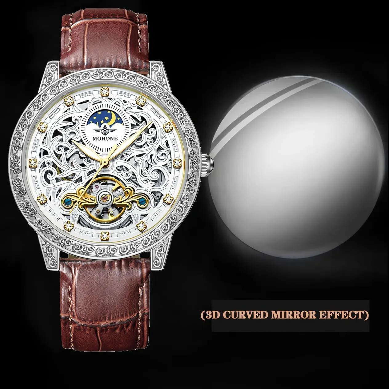 Leather Watches Classic Vintage Men Mechanical Watch Hollow Pattern Carved Watch 44.5mm Big Dial lend Tourbillon Automatic Watch for Men Waterproof 