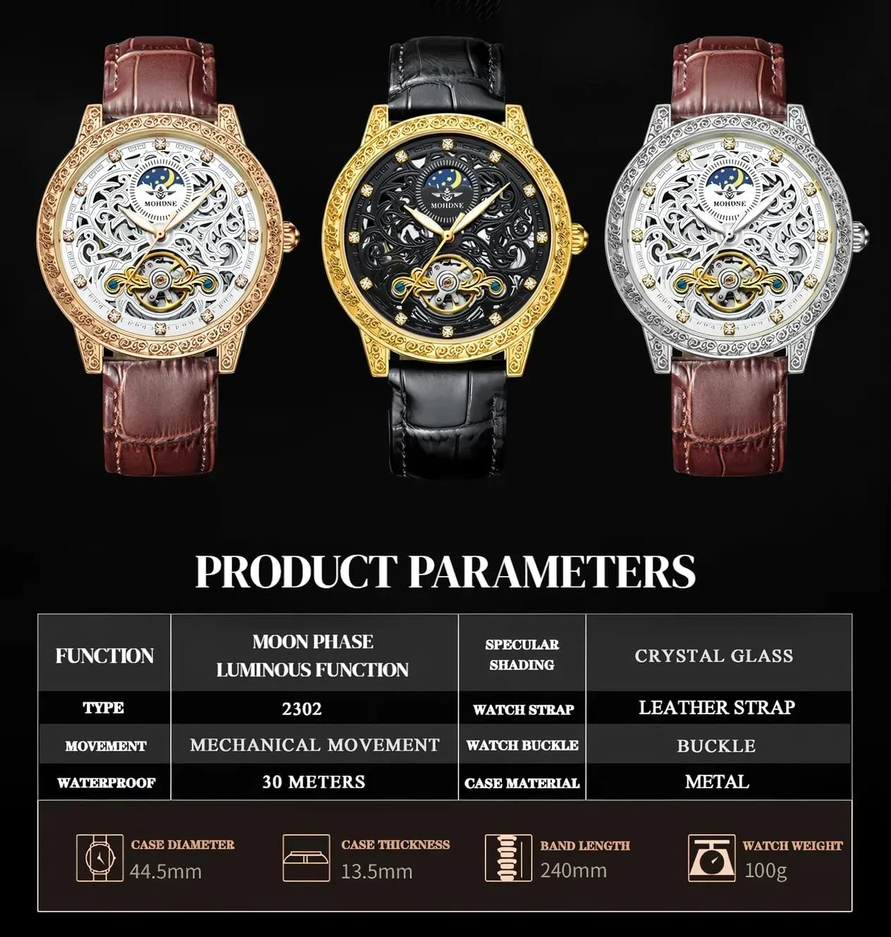 Leather Watches Classic Vintage Men Mechanical Watch Hollow Pattern Carved Watch 44.5mm Big Dial lend Tourbillon Automatic Watch for Men Waterproof 