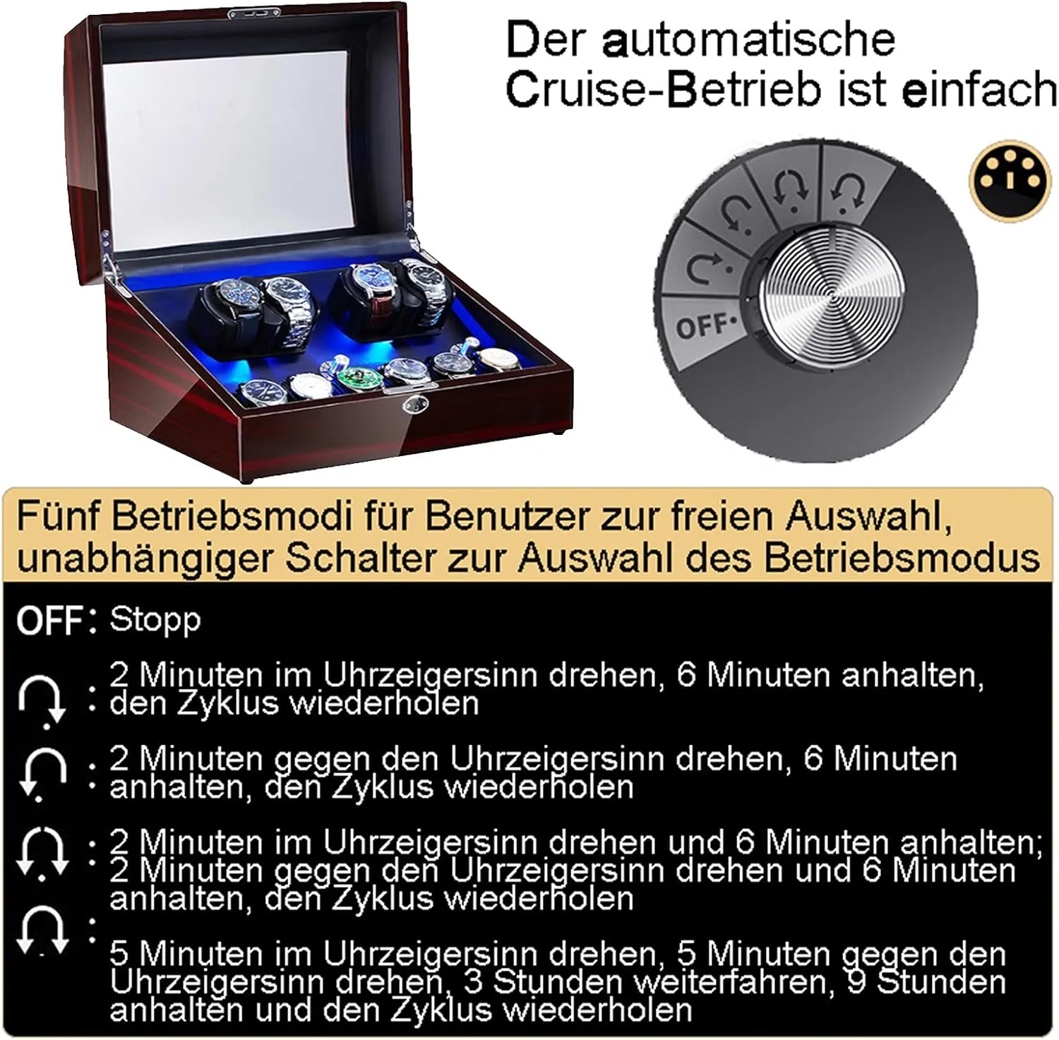 Led idealization passive Backlight Open Lid and Stop Automatically,Leather 002 4 6 Automatic Watch Winders Storage Case Watch Box Wooden Silent Motor Five Modes Adjustable Watch Pillows 