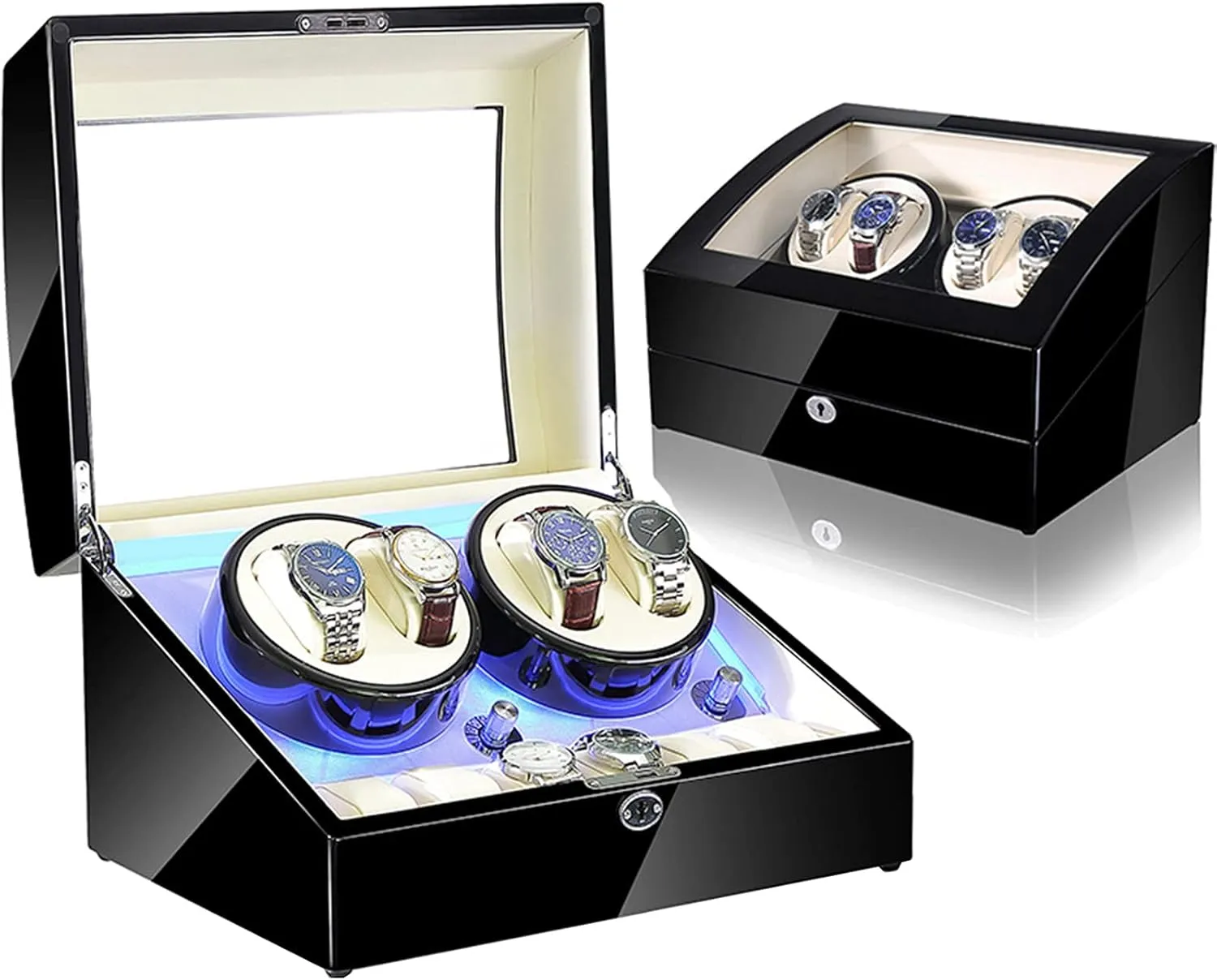 Led idealization passive Backlight Open Lid and Stop Automatically,Leather 002 4 6 Automatic Watch Winders Storage Case Watch Box Wooden Silent Motor Five Modes Adjustable Watch Pillows 