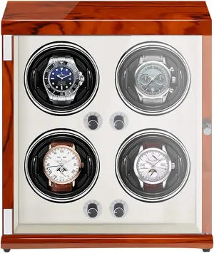 Led Light (Rosewood Grain Inner Beige) Winding Box Watch Winders - 4-Position Rechargeable Watch Shaker Mechanical Watch lumber Winder Vertical Automatic Watch Winding Box with Light-Sensitive 