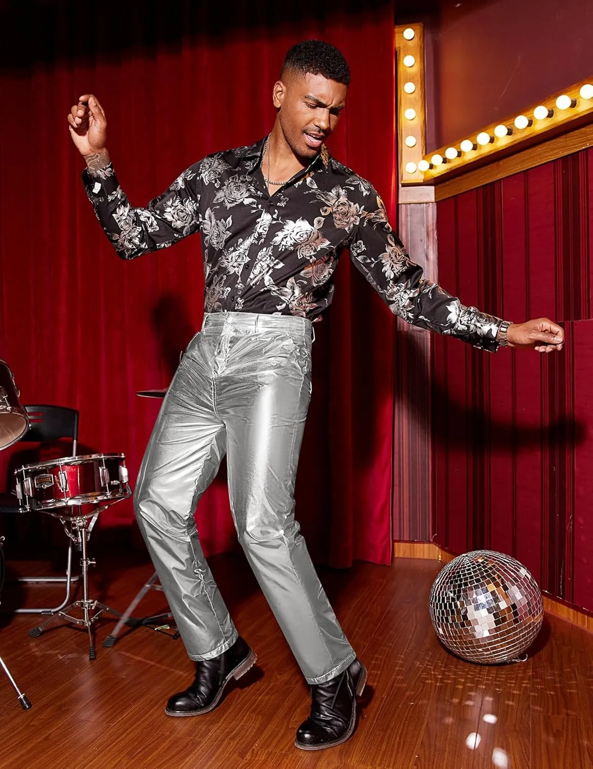 Leg Trousers COOFANDY Men's Metallic Shiny Pants Night Club Pants 70s 80s 90s Disco culture Texas Pant Party Dance Straight 