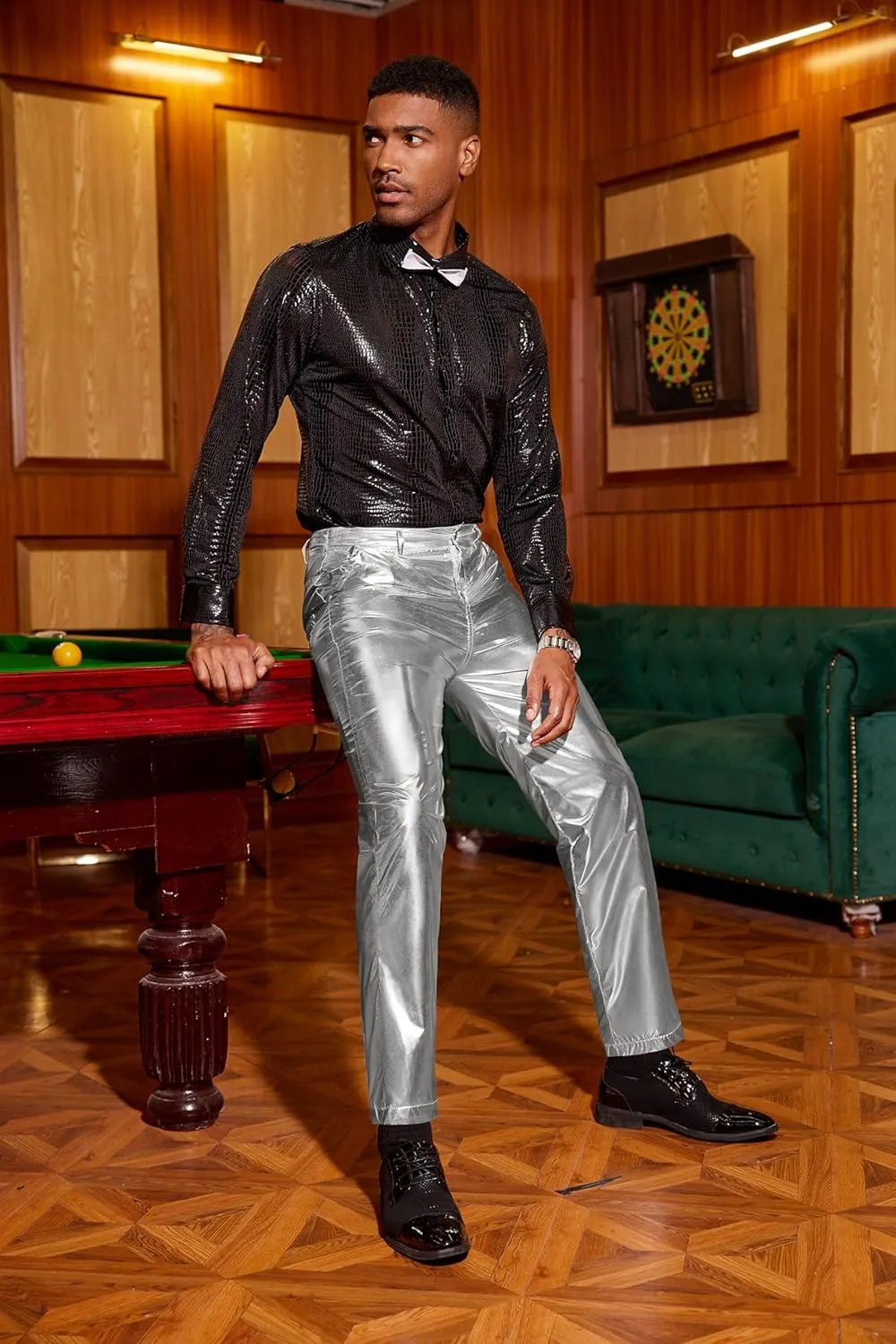 Leg Trousers COOFANDY Men's Metallic Shiny Pants Night Club Pants 70s 80s 90s Disco culture Texas Pant Party Dance Straight 