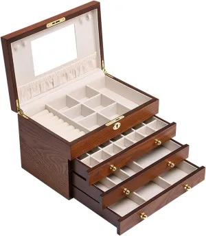 Lockable Gift Case Wooden Jewelry Box invest amusement Jewelry Storage Case (Brown) Display Jewelry Box Women's Large Jewelry Box Mirrored Watch Organizer Necklace Ring Earring Storage 