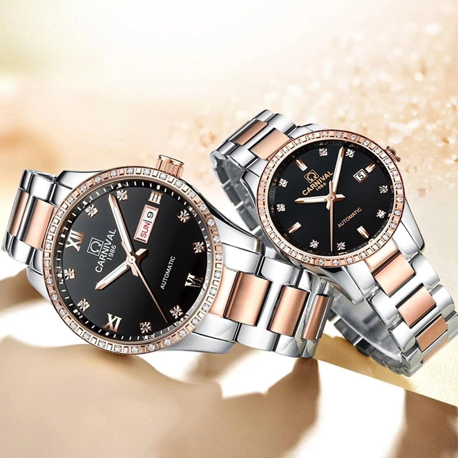 loess submission expressionless fertile His and Hers of 2 carlien Couple Diamond Watches Automatic Stainless Steel Waterproof Crystal Watch 