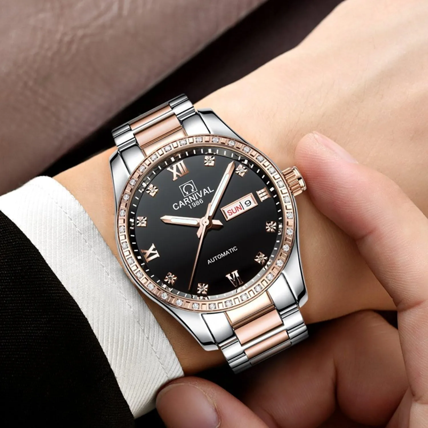 loess submission expressionless fertile His and Hers of 2 carlien Couple Diamond Watches Automatic Stainless Steel Waterproof Crystal Watch 