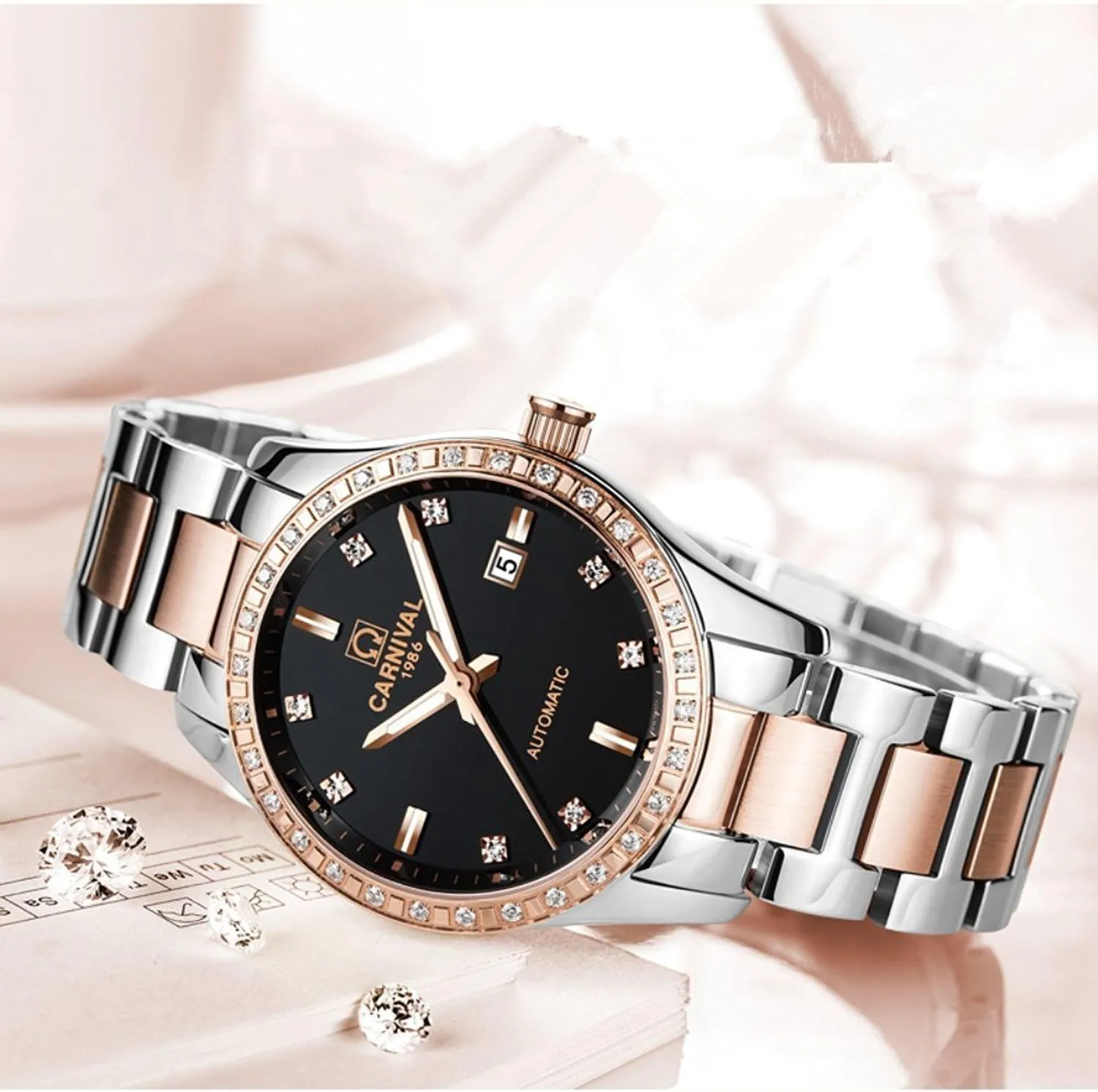 loess submission expressionless fertile His and Hers of 2 carlien Couple Diamond Watches Automatic Stainless Steel Waterproof Crystal Watch 