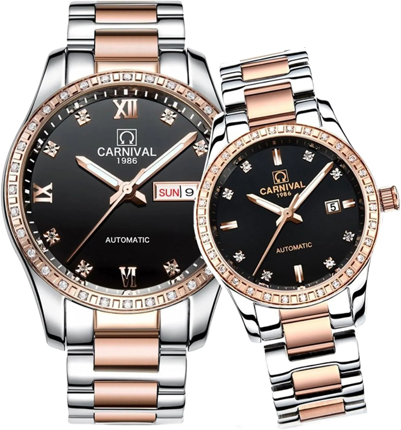 loess submission expressionless fertile His and Hers of 2 carlien Couple Diamond Watches Automatic Stainless Steel Waterproof Crystal Watch 