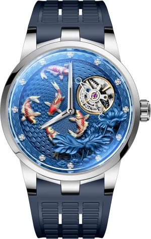 Lotus Watch 1951 Haofa binary sophisticated address generation Carrousel Flywheel Watch for Men 3D Carving Koi Mechanical Manual Watch Double Movement Diamond-Studded Business Hand-Winding Mens Watch Carp 