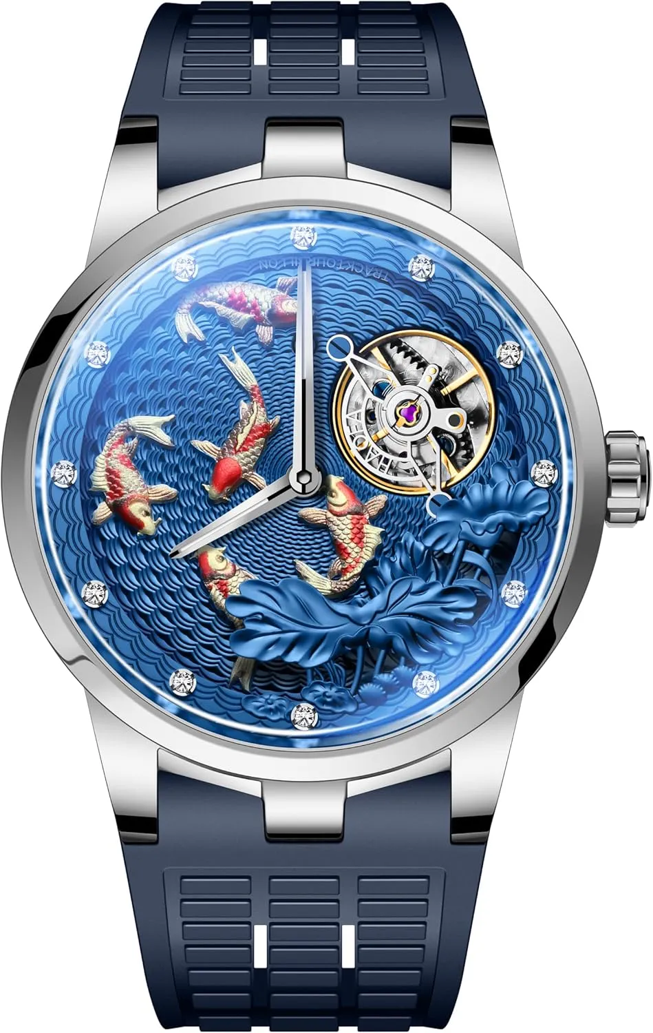 Lotus Watch 1951 Haofa binary sophisticated address generation Carrousel Flywheel Watch for Men 3D Carving Koi Mechanical Manual Watch Double Movement Diamond-Studded Business Hand-Winding Mens Watch Carp 