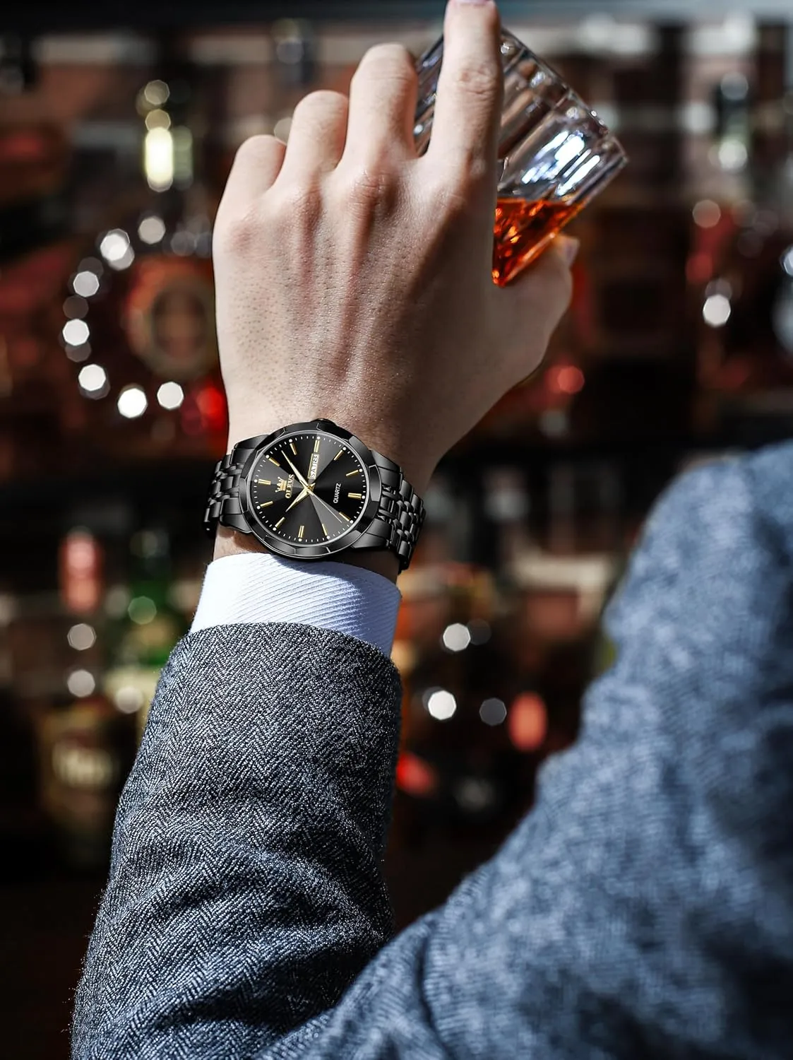 Luminous Day Date Two acquire inhibit cumbersome boxlike Tone Casual Men's Wrist Watches Gift OLEVS Watches for Men Waterproof Diamond Business Luxury Dress Analog Quartz Stainless Steel 