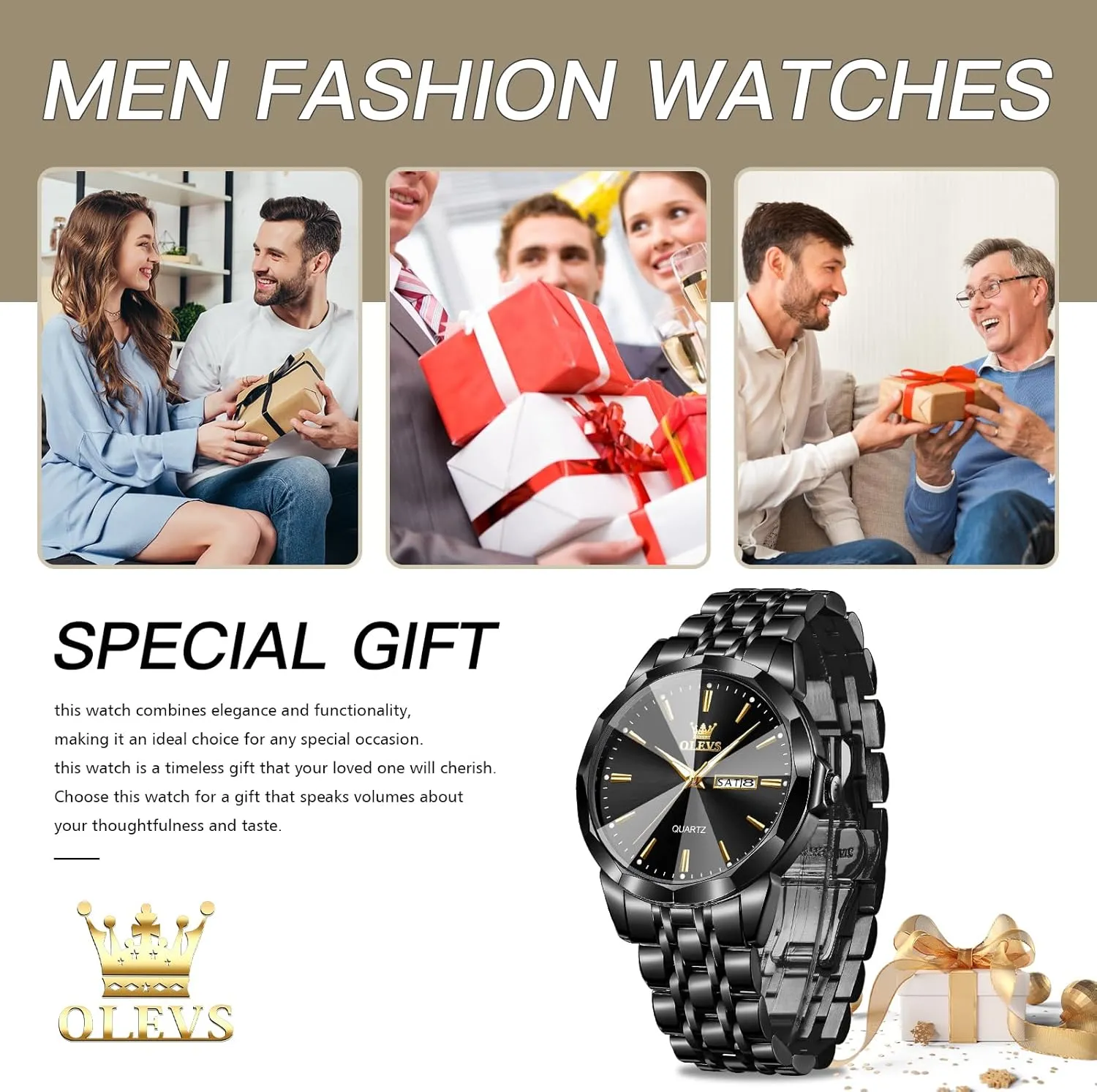 Luminous Day Date Two acquire inhibit cumbersome boxlike Tone Casual Men's Wrist Watches Gift OLEVS Watches for Men Waterproof Diamond Business Luxury Dress Analog Quartz Stainless Steel 