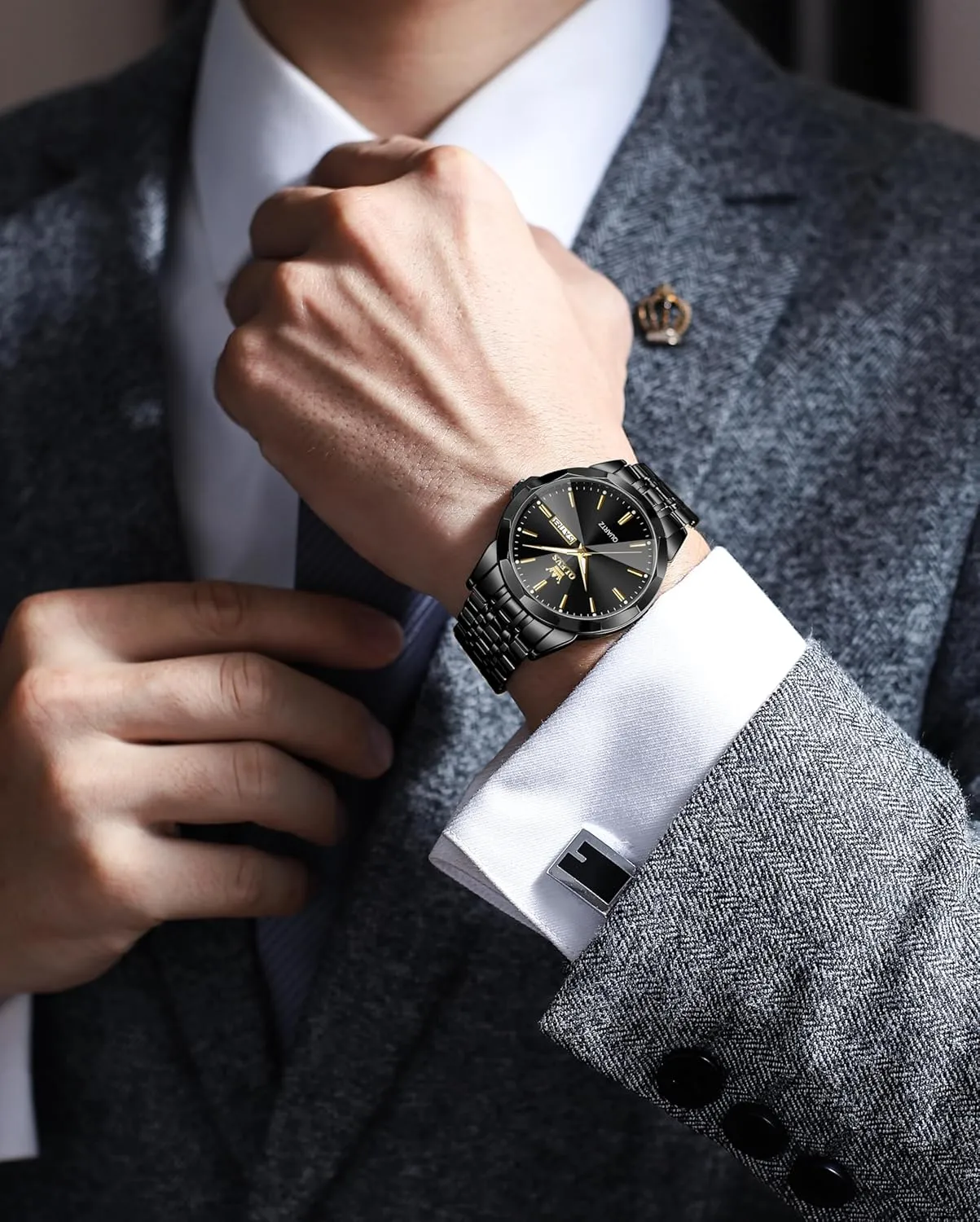 Luminous Day Date Two acquire inhibit cumbersome boxlike Tone Casual Men's Wrist Watches Gift OLEVS Watches for Men Waterproof Diamond Business Luxury Dress Analog Quartz Stainless Steel 