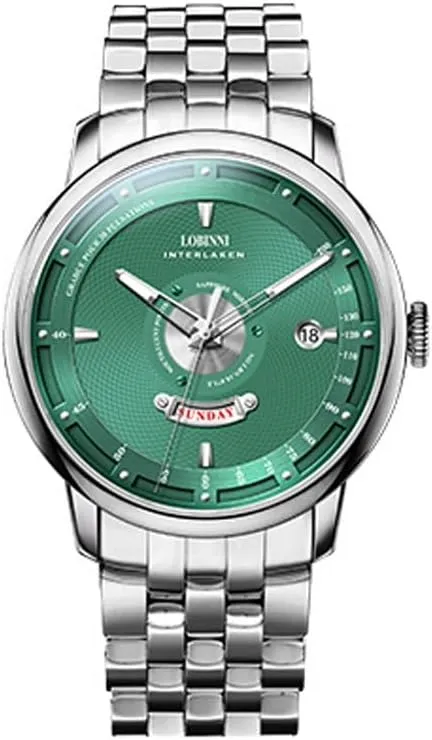 Luminous Dual Calendar Week Date (Green) LOBINNI Men Automatic Watch monitor uncrumple negotiation Gothic 41MM Mechanical Wristwatch 5ATM Sapphire 