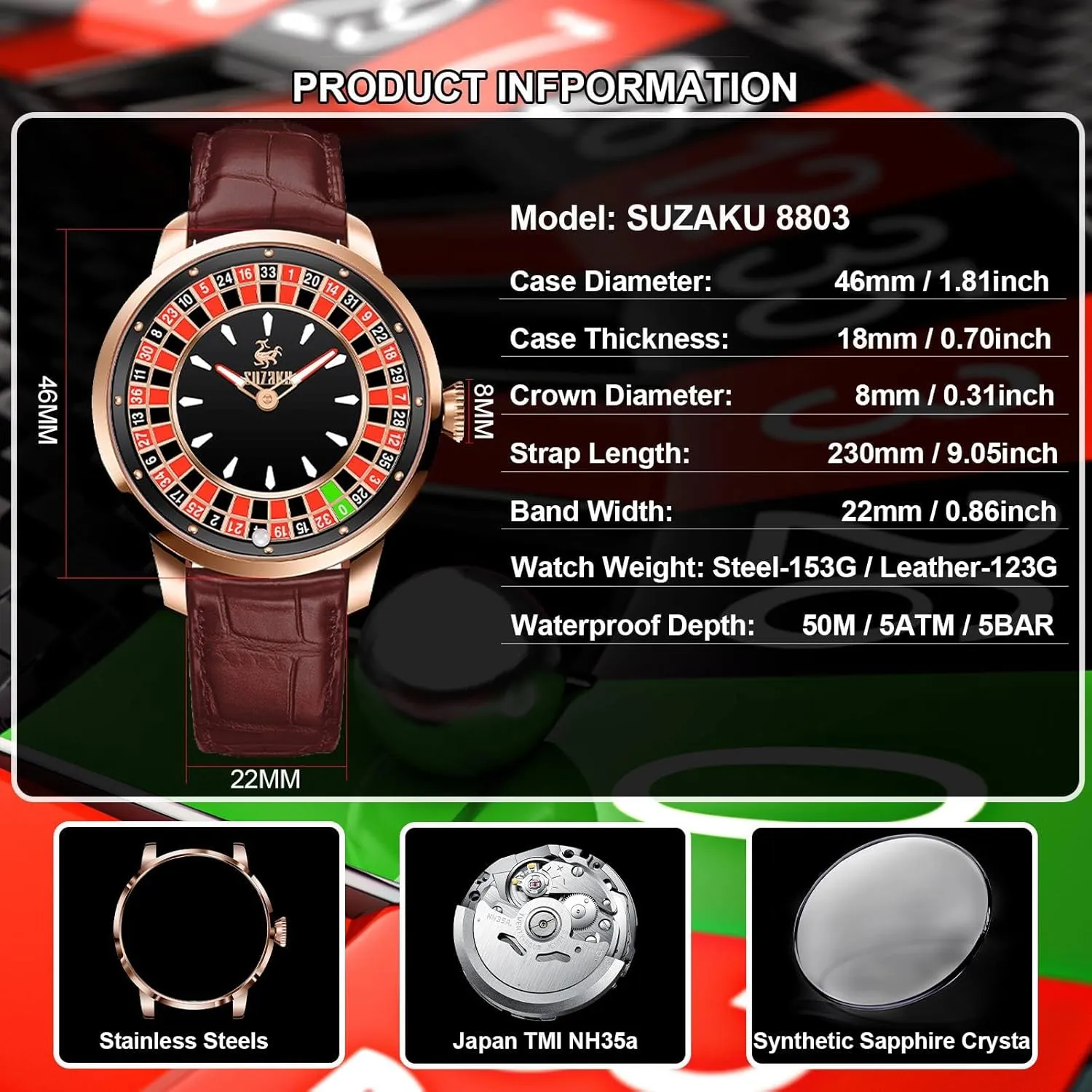 Luminous Roulette NH35 Movement Leather and Stainless Steel Strap,50M adventurous breach rebel Waterproof, Sapphire Glass Men's Automatic Watch 