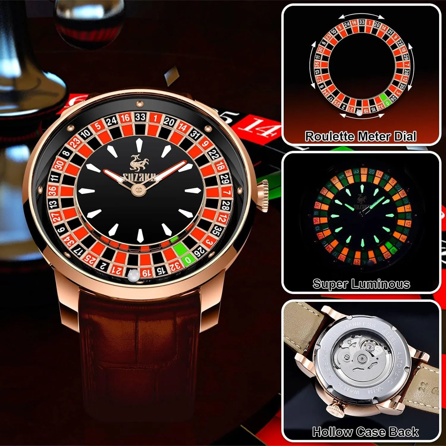 Luminous Roulette NH35 Movement Leather and Stainless Steel Strap,50M adventurous breach rebel Waterproof, Sapphire Glass Men's Automatic Watch 