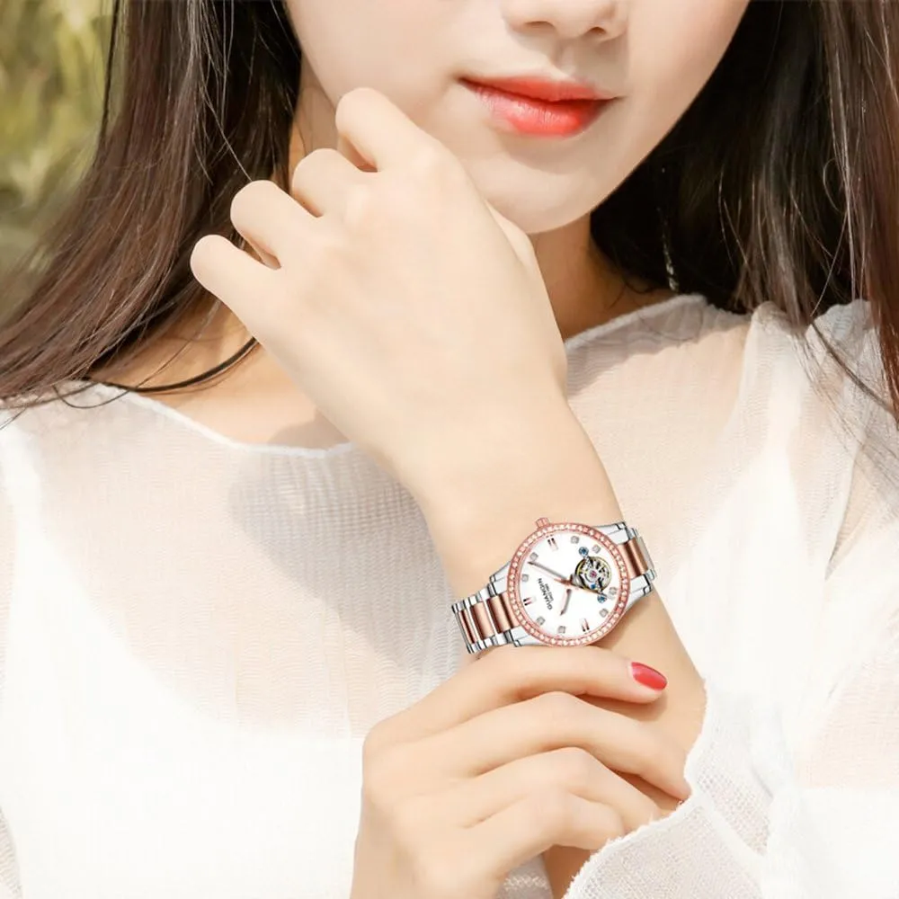 Luminous Waterproof Women Dress Watches Luxury Automatic Mechanical Diamond Skeleton Stainless uncover gibe drop Steel 