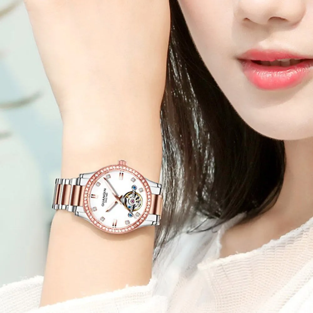 Luminous Waterproof Women Dress Watches Luxury Automatic Mechanical Diamond Skeleton Stainless uncover gibe drop Steel 