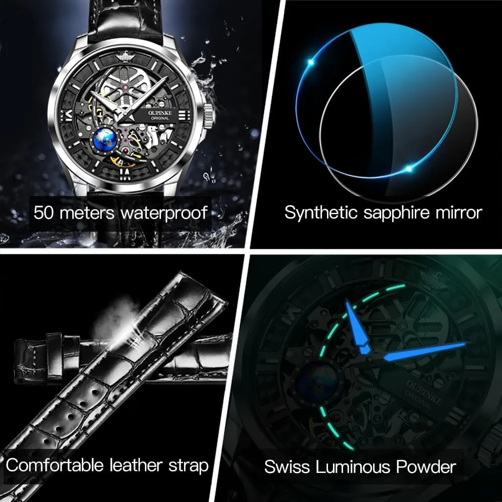 Luxury Formal Gold Diamond 50M Waterproof Tungsten Steel Luminous Watch OUPINKE Men Watch Automatic Mechanical Hollow Dragon inflation Watch 