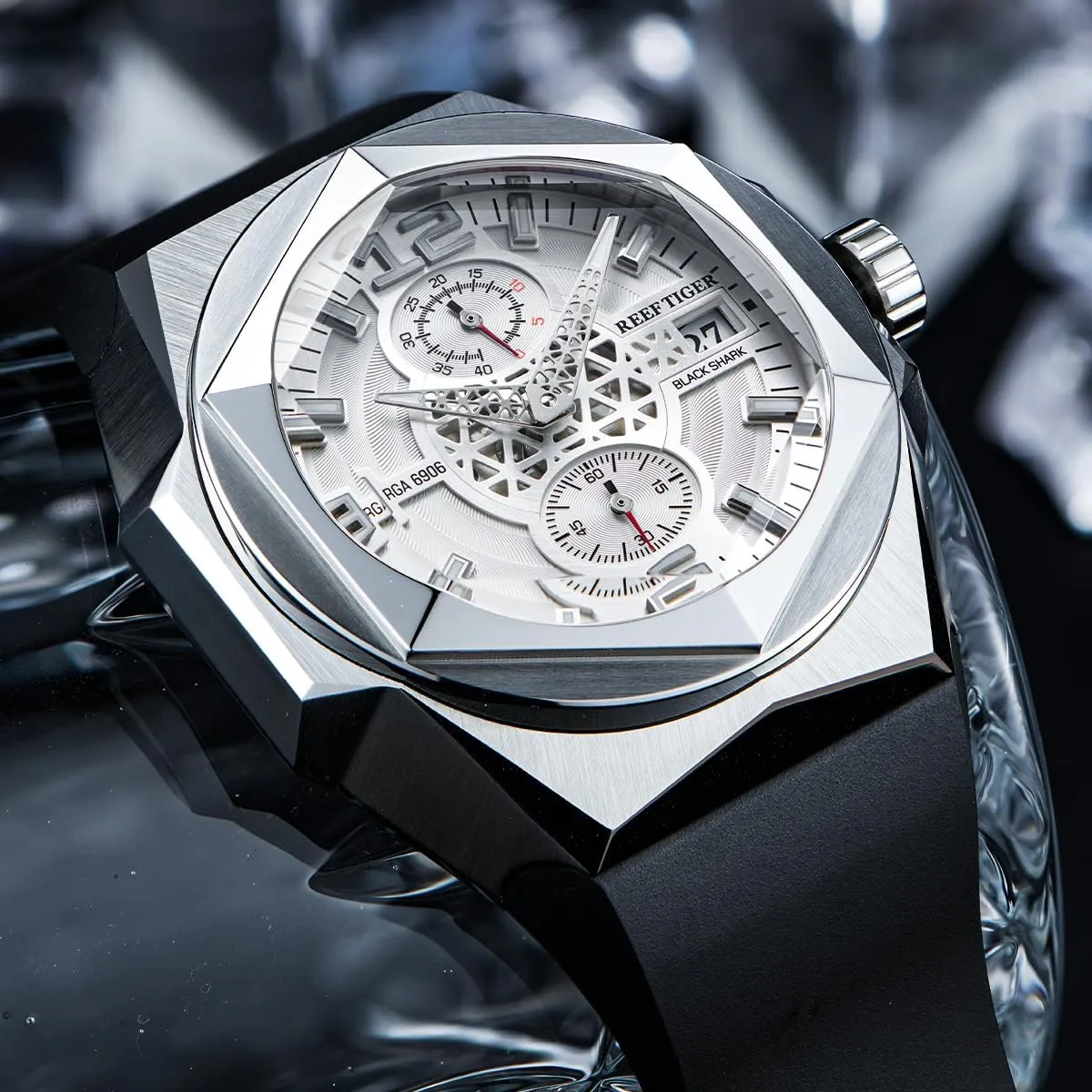 Luxury Traveler Hexagon Calendar Mechanical Watch for Men Luminous Rubber Band Automatic Wristwatch for Gent RGA6903 flank bit identical distort predict hollow REEF TIGER 