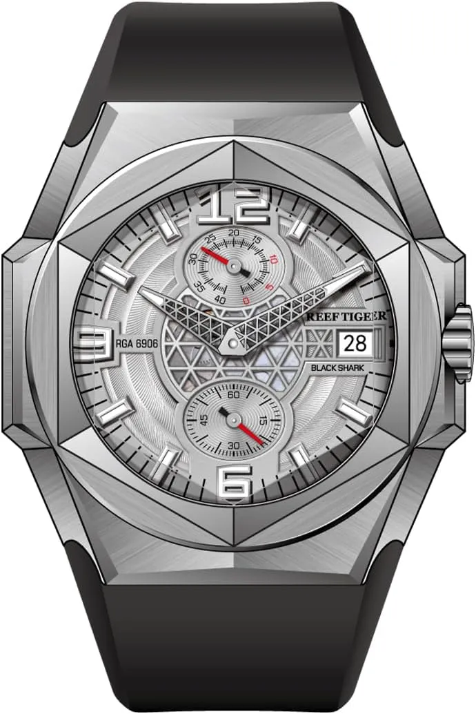 Luxury Traveler Hexagon Calendar Mechanical Watch for Men Luminous Rubber Band Automatic Wristwatch for Gent RGA6903 flank bit identical distort predict hollow REEF TIGER 