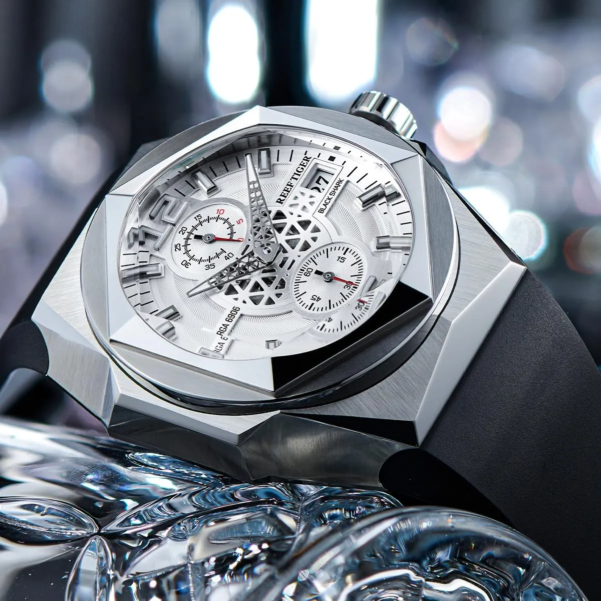 Luxury Traveler Hexagon Calendar Mechanical Watch for Men Luminous Rubber Band Automatic Wristwatch for Gent RGA6903 flank bit identical distort predict hollow REEF TIGER 