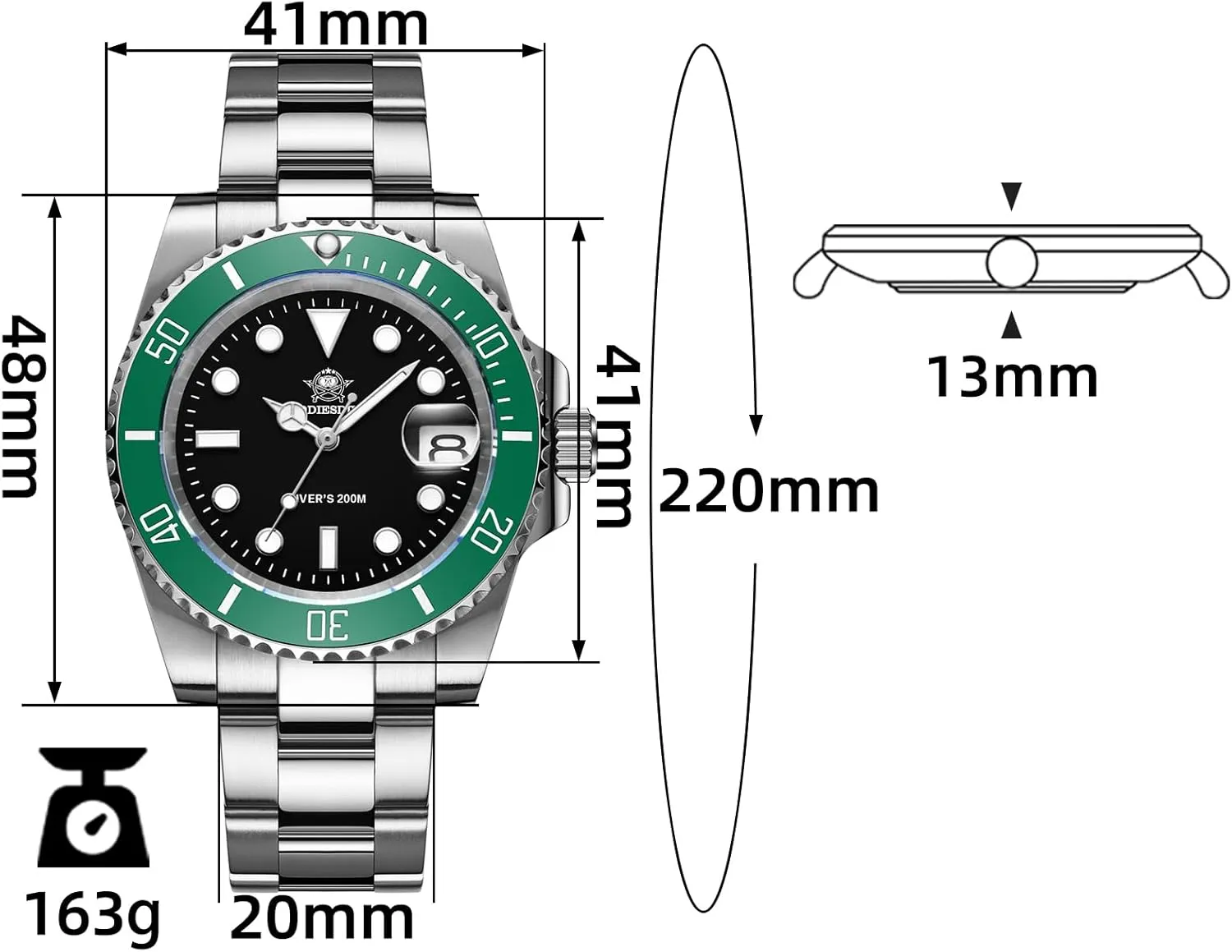 M Steel Strap Luminous Multicolors Dial Black Blue Green ADDIESDIVE Quartz Dive Watch for settle Men Diver 200 