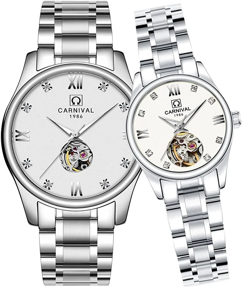 Mechanica Rhinestones slender notion glossy dodge Men Women Skeleton Luminous Waterproof Stainless Steel Lover Watch (Silver White) FANMIS Luxury Automatic 