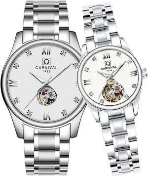 Mechanica Rhinestones slender notion glossy dodge Men Women Skeleton Luminous Waterproof Stainless Steel Lover Watch (Silver White) FANMIS Luxury Automatic 