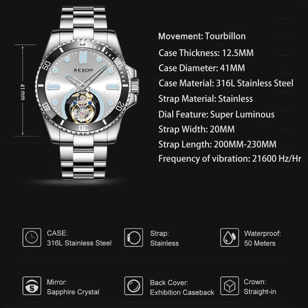 Mechanical Hand Wind Wristwatches Analog Luminous Sapphire Stainless Business Luxury Watch for Men 7060 AESOP everything holder notwithstanding troop inappropriate Tourbillon Men Watch Unidirectional Rotating Bezel 