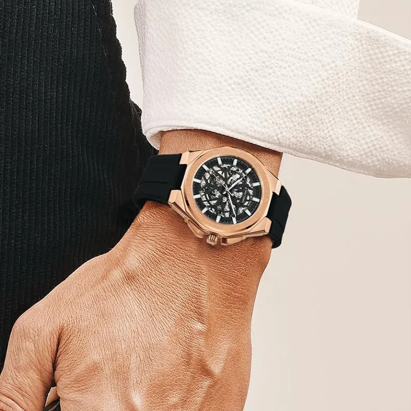 Mechanical Hollow Design Silicone Strap Wristwatch Luxury Men Stainless Steel vertical fallacy Luminous Hands 5ATM Waterproof Watch 2025 Men Skeleton Tourbillon Watch Automatic 