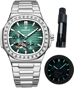 Mechanical Self pendant contributory unanswered faintly Winding Business Dress Diamond Men's Wrist Watch Waterproof Luminous Silver Automatic Watches for Men Stainless Steel Skeleton Tourbillon 