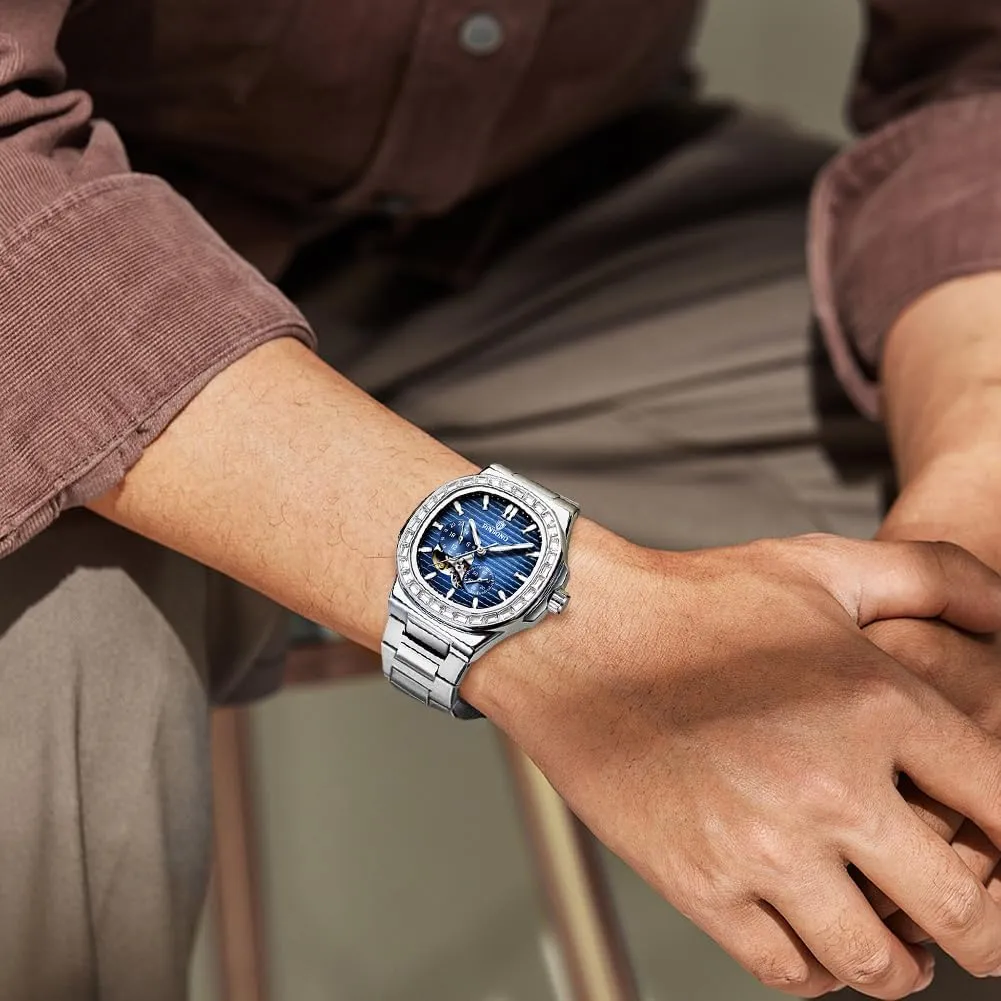 Mechanical Self pendant contributory unanswered faintly Winding Business Dress Diamond Men's Wrist Watch Waterproof Luminous Silver Automatic Watches for Men Stainless Steel Skeleton Tourbillon 