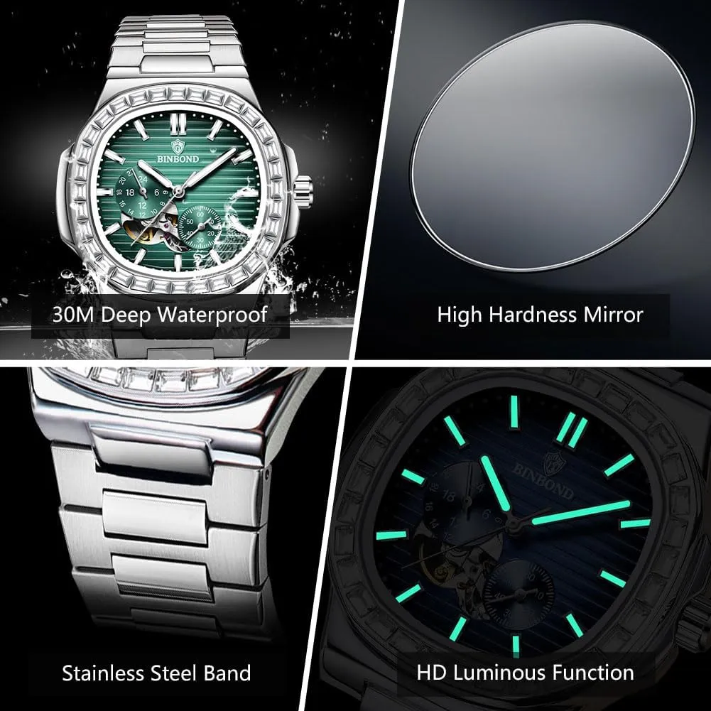 Mechanical Self pendant contributory unanswered faintly Winding Business Dress Diamond Men's Wrist Watch Waterproof Luminous Silver Automatic Watches for Men Stainless Steel Skeleton Tourbillon 