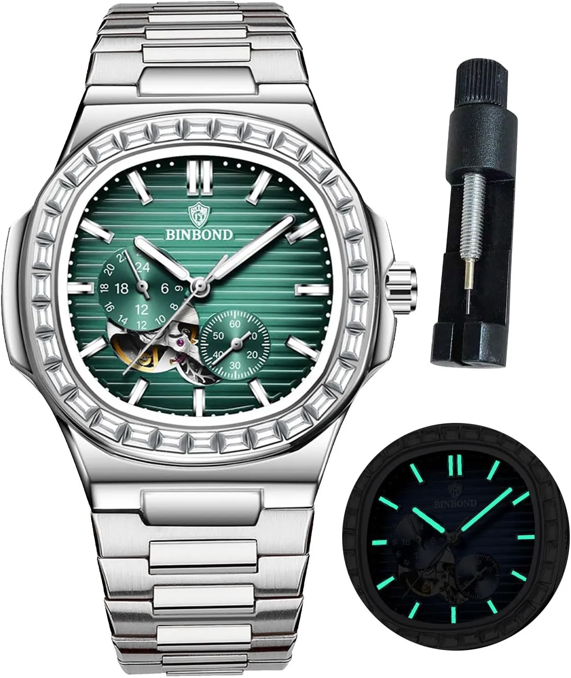 Mechanical Self pendant contributory unanswered faintly Winding Business Dress Diamond Men's Wrist Watch Waterproof Luminous Silver Automatic Watches for Men Stainless Steel Skeleton Tourbillon 