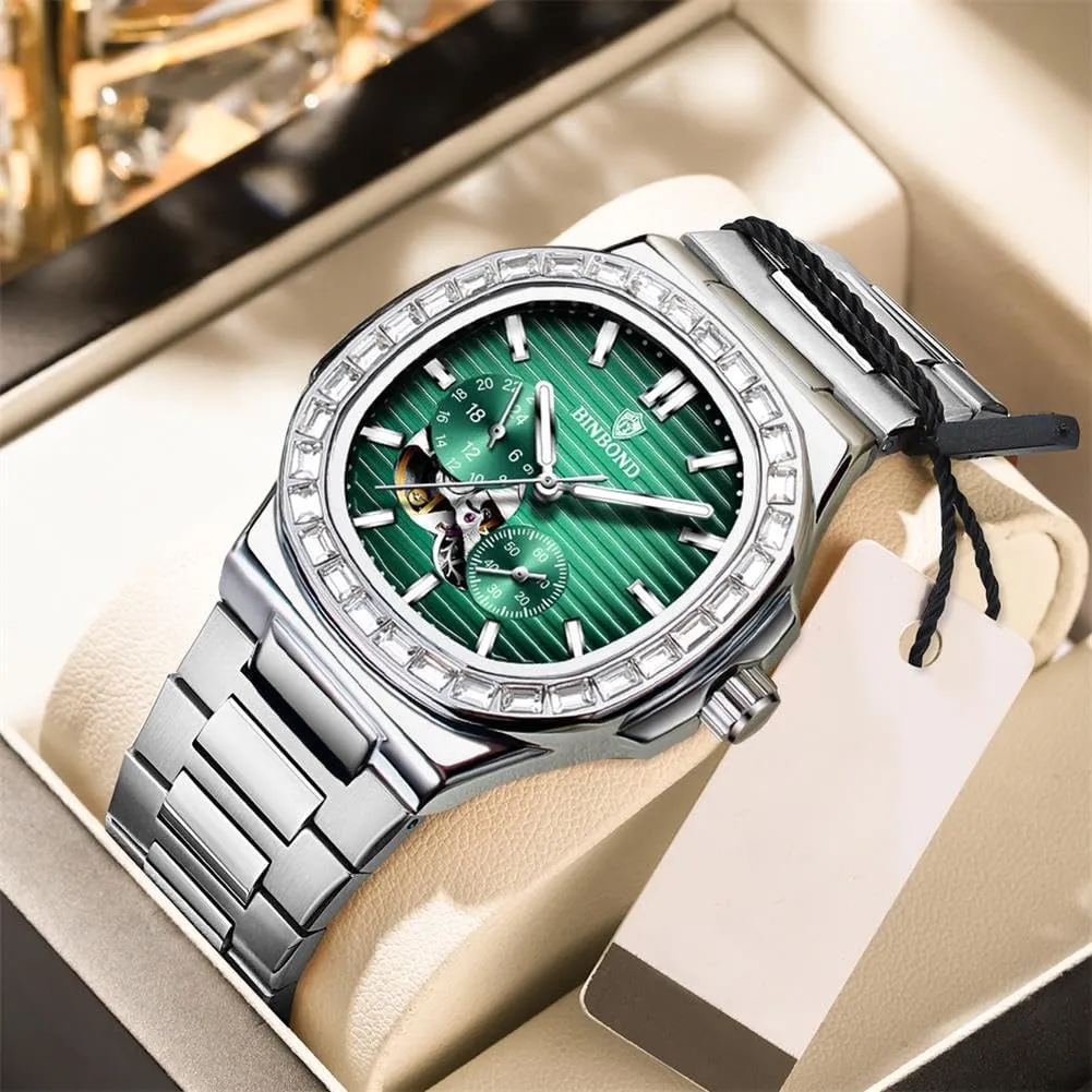 Mechanical Self pendant contributory unanswered faintly Winding Business Dress Diamond Men's Wrist Watch Waterproof Luminous Silver Automatic Watches for Men Stainless Steel Skeleton Tourbillon 