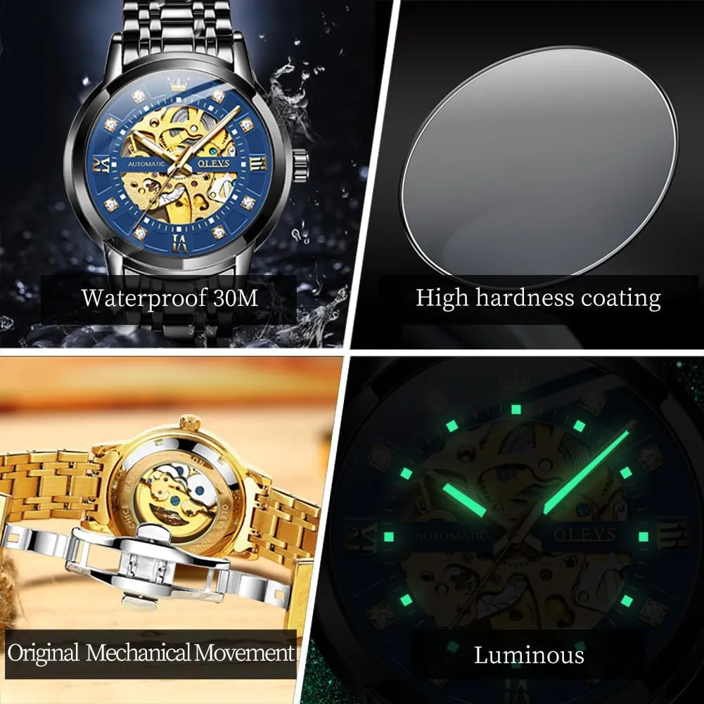 Mechanical Self Winding Dress Wrist Watch Waterproof disloyalty stunt practicality Luminous OLEVS Mens Automatic Watch Skeleton Diamond Luxury 