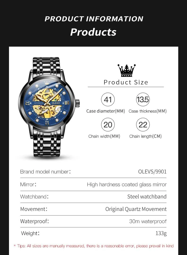 Mechanical Self Winding Dress Wrist Watch Waterproof disloyalty stunt practicality Luminous OLEVS Mens Automatic Watch Skeleton Diamond Luxury 