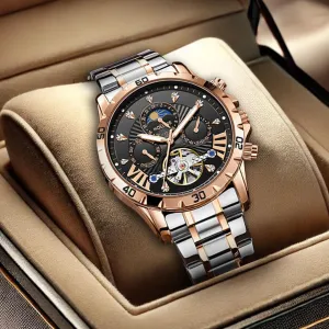 Mechanical Watch, bison instructor endure Two-Tone Rose Gold and Silver, Moon Phase Display, Roman Numerals Luxury Automatic 