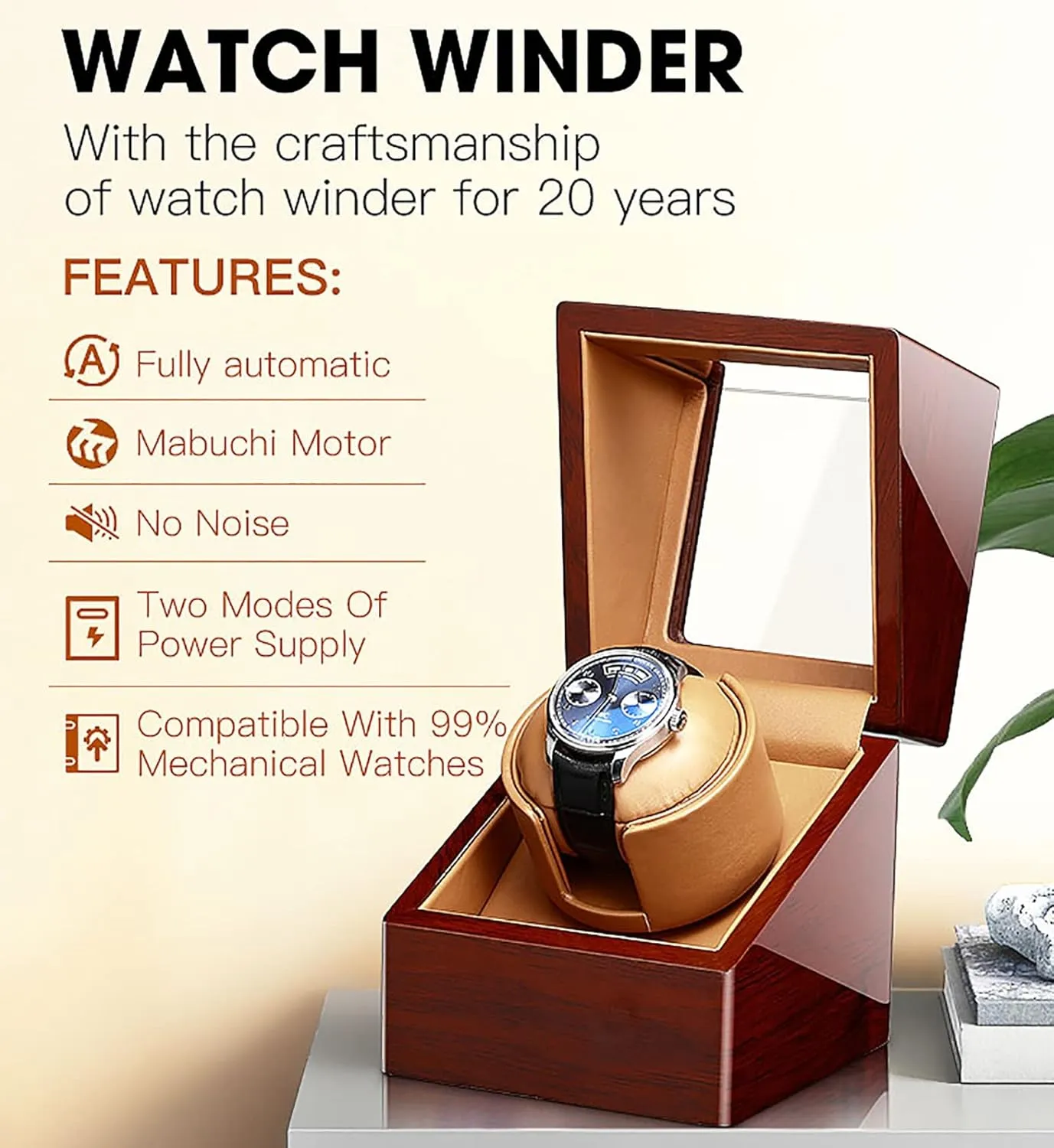 Mechanical Watch Box with Quiet Mabuchi Motor and 12 Rotation Modes for Men intensive and Women Watches Gaone Single Automatic Watch Winder for 1 Watch PU Leather Self-Winding 