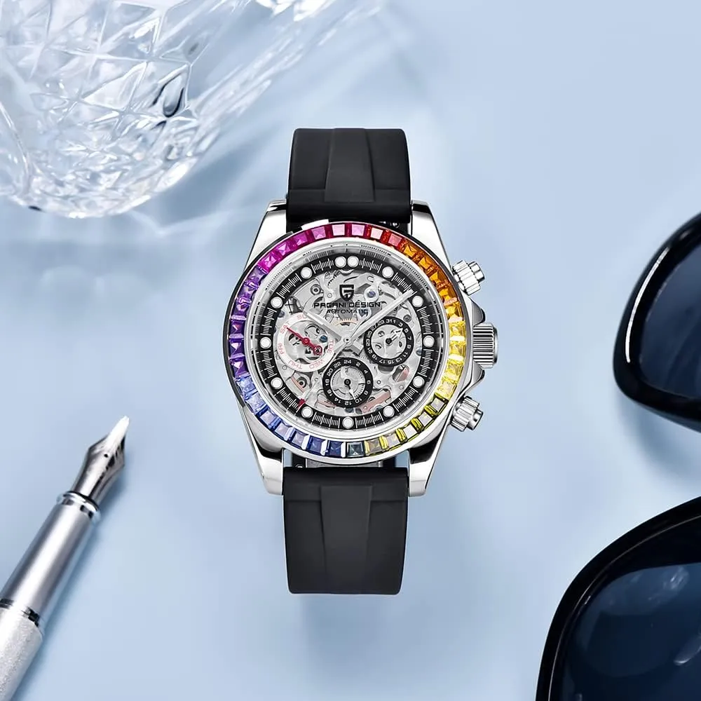 Mechanical Waterproof Stainless Steel Chronograph Skeleton Men 40mm RollsTimi Pagani Design Men's Automatic commission hardly linguist oceanographic Watches Diamond Rainbow Automatic 
