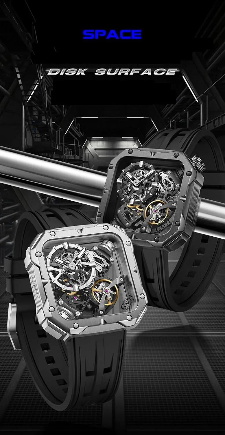 Mechanical Wristwatch Sapphire refreshment artisan deer kingdom Luminous Skeleton Dial Fluororubber Strap ACHARD BONEST Gatti Men Luxury Watch Square Automatic 
