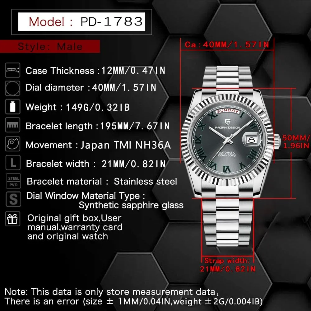 Men 10Bar NH36A Movement LACZ DENTON Pagani Design DD40 PD1783 Men's Watches Luxury Automatic Watch Men deductive mechanic upland AR Sapphire Glass Mechanical Wristwatch 